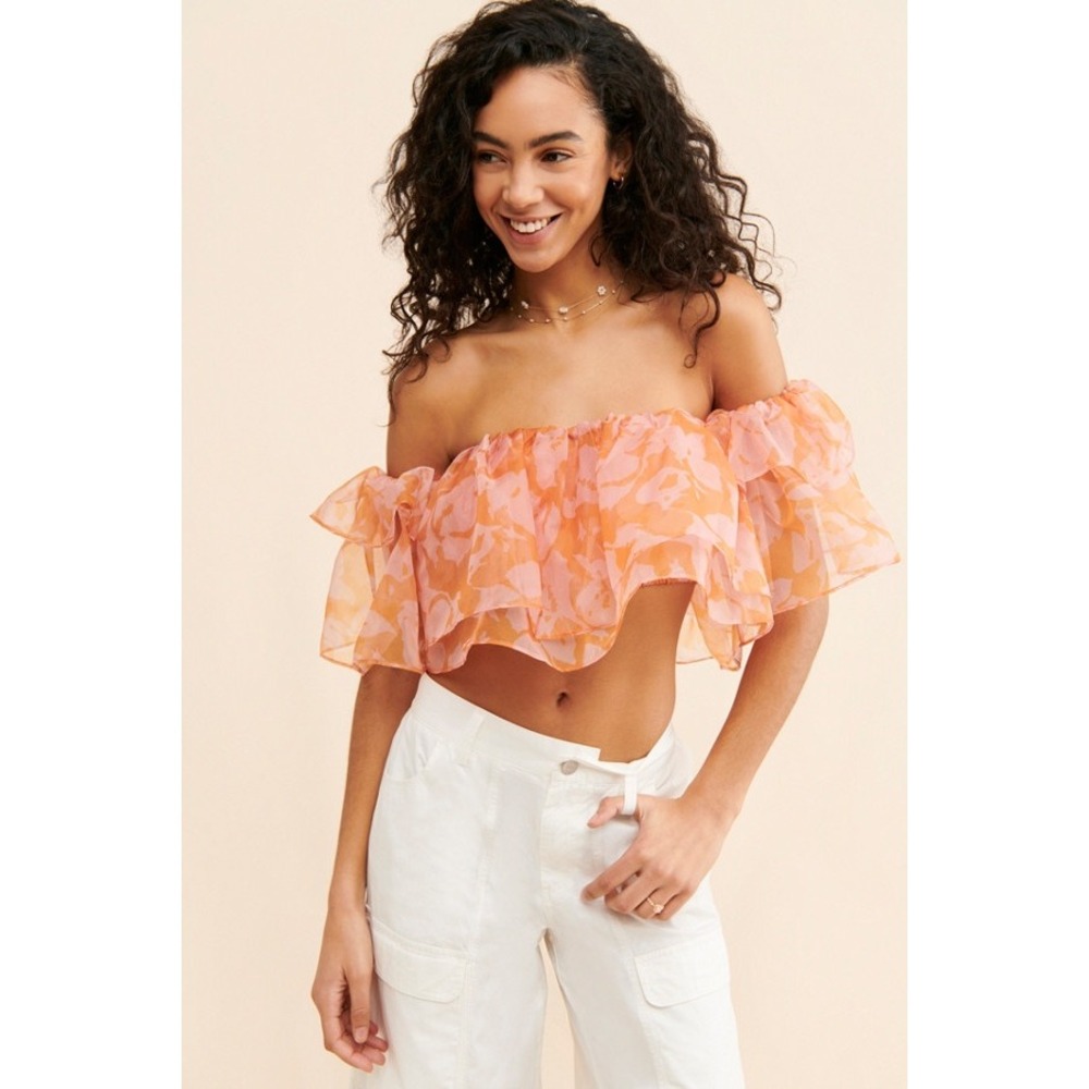 Show Me Your Mumu Rossella Ruffle Top Flirty Floral Orange Pink Cropped Small